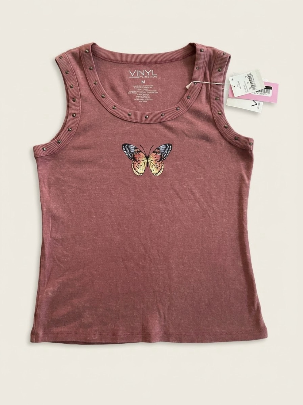 Vinyl Threads Butterfly Tank Top Studded Scoop Neck Mauve Pink Medium NWT